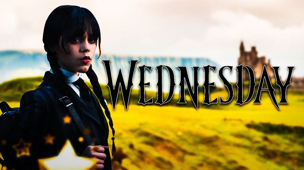Wednesday Season 2 star Jenna Ortega as Wednesday Addams with Wednesday Netflix series logo and Ireland background.