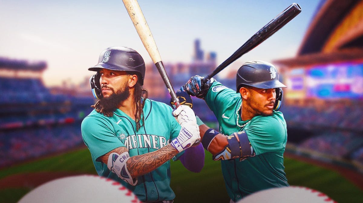 Julio Rodriguez and JP Crawford of the Seattle Mariners in front of T-Mobile Park