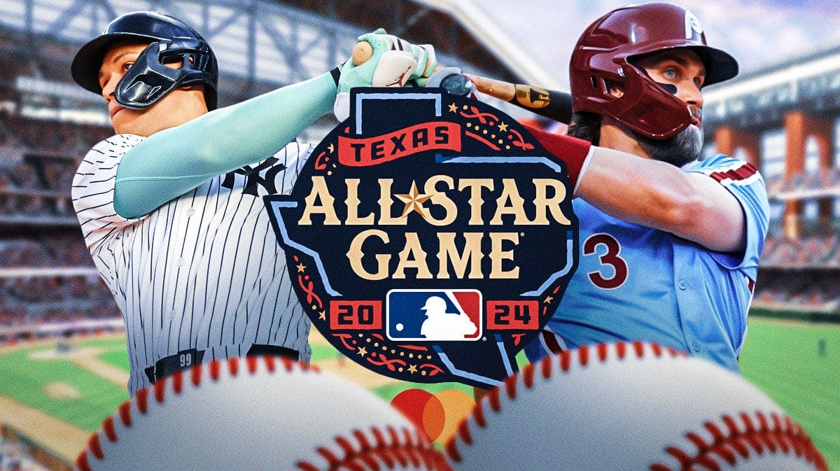 Phillies Bryce Harper and Yankees Aaron Judge swinging a bat with the MLB All-Star Game logo between them
