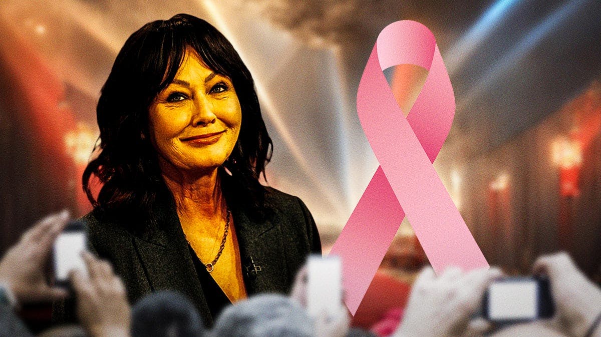 Shannen Doherty with cancer ribbon.