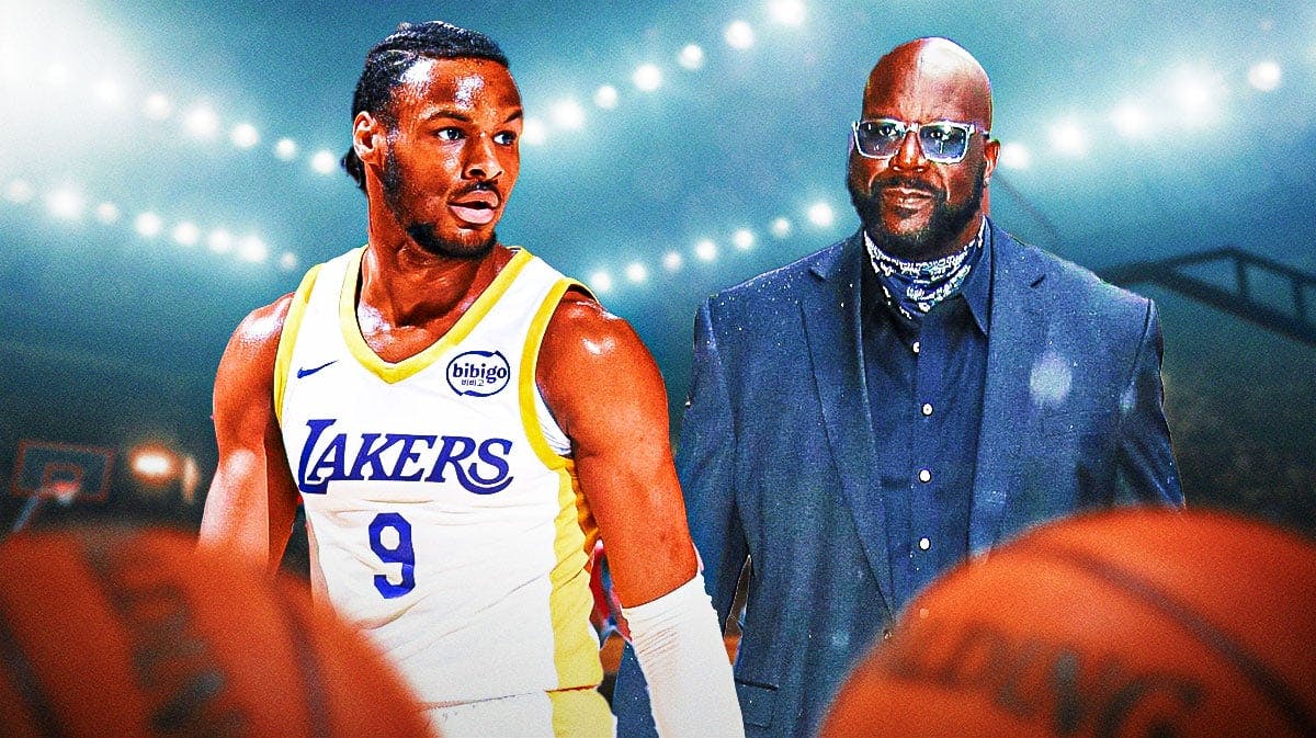 Shaquille O'Neal looking at Lakers rookie Bronny James.