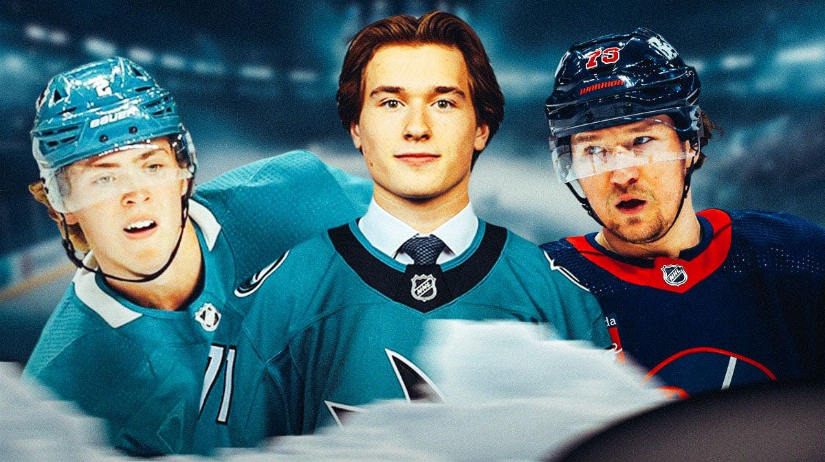 Macklin Celebrini in middle, Tyler Toffoli and Will Smith on either side, San Jose Sharks logo, hockey rink in background