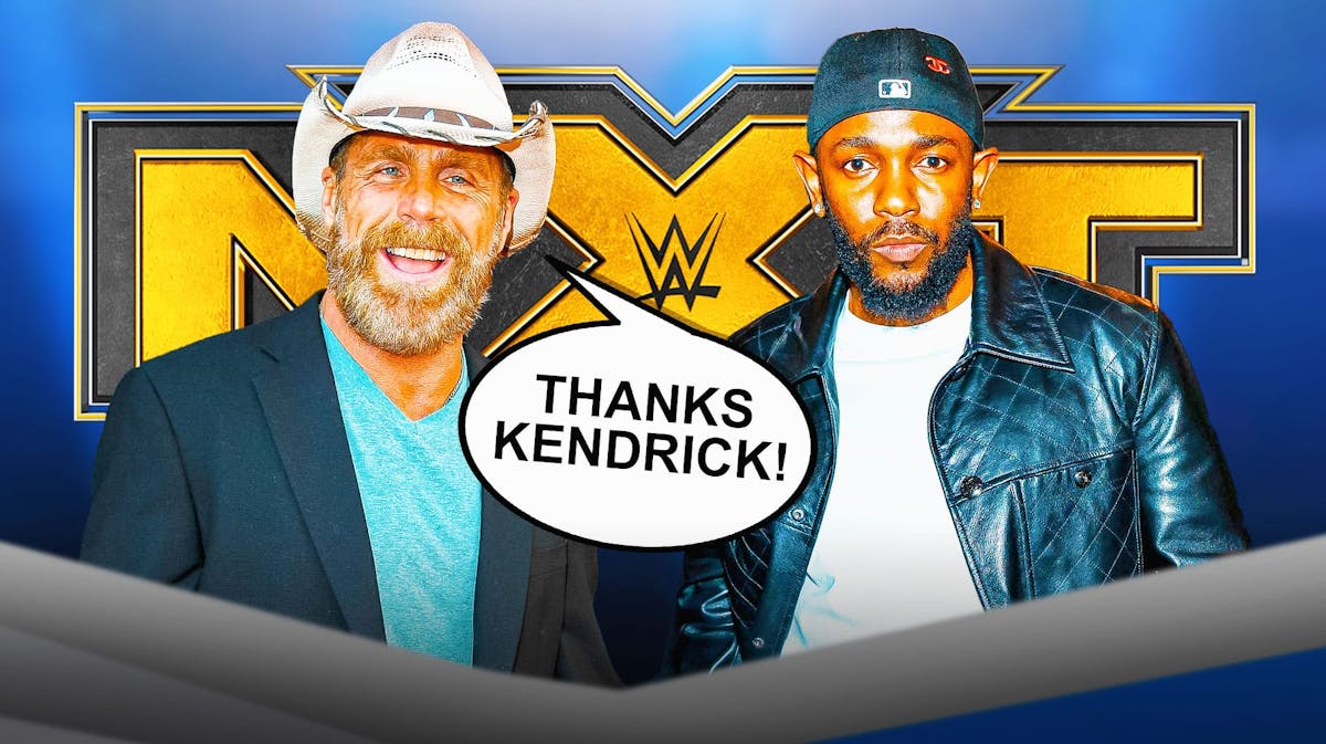 Shawn Michaels with a text bubble reading, "Thanks Kendrick!" next to Kendrick Lamar with the NXT logo as the background.