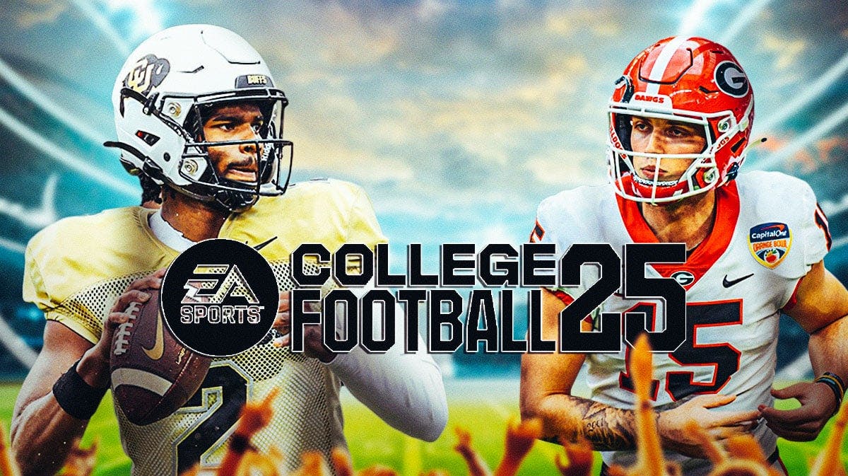 Shedeur Sanders, Carson Beck. EA Sports College Footbal 25 logo.