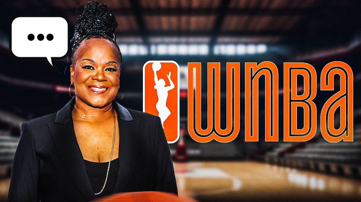 Former WNBA player Sheryl Swoopes with a speech bubble that has the three dots emoji inside. There is also a logo for the WNBA.