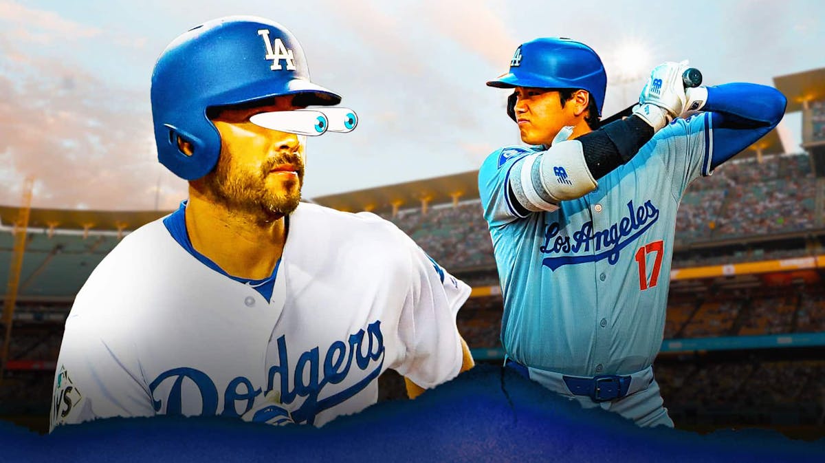 Dodgers Andre Ethier with eyes popping out looking at Dodgers Shohei Ohtani swinging a baseball bat at Dodger Stadium.