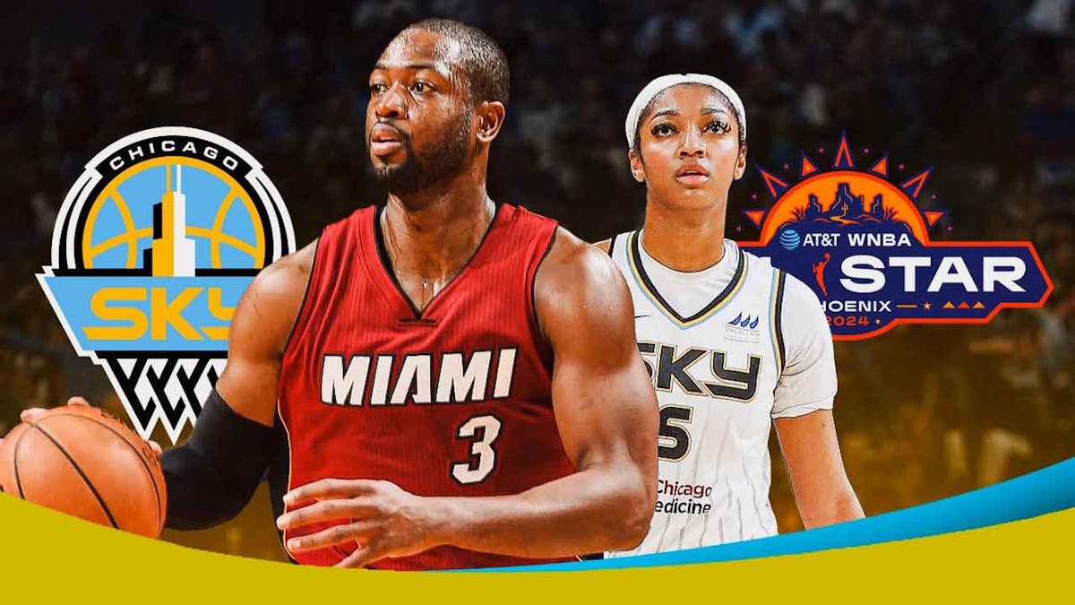 Dwyane Wade stands next to Sky's Angel Reese, WNBA All-Star logo background