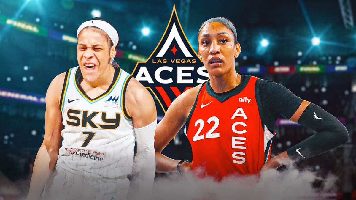 Sky's Chennedy Carter stands next to Aces' A'ja Wilson