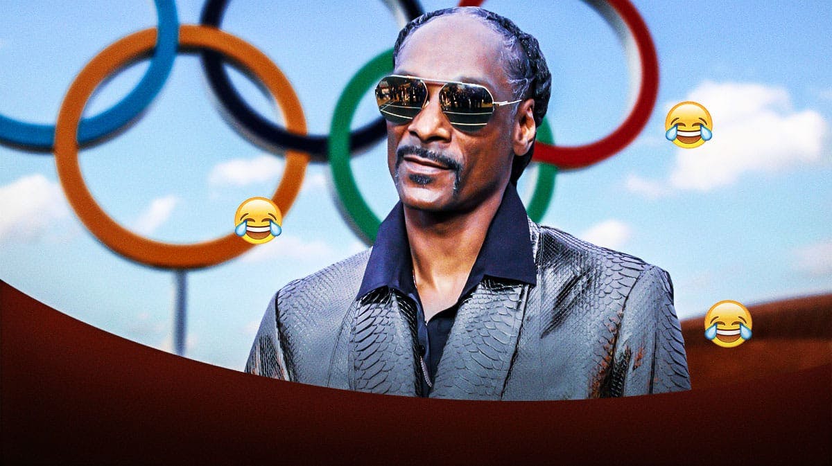 Snoop Dogg on one side, the Olympics logo on the other side, a bunch of crying laughing emojis in the background