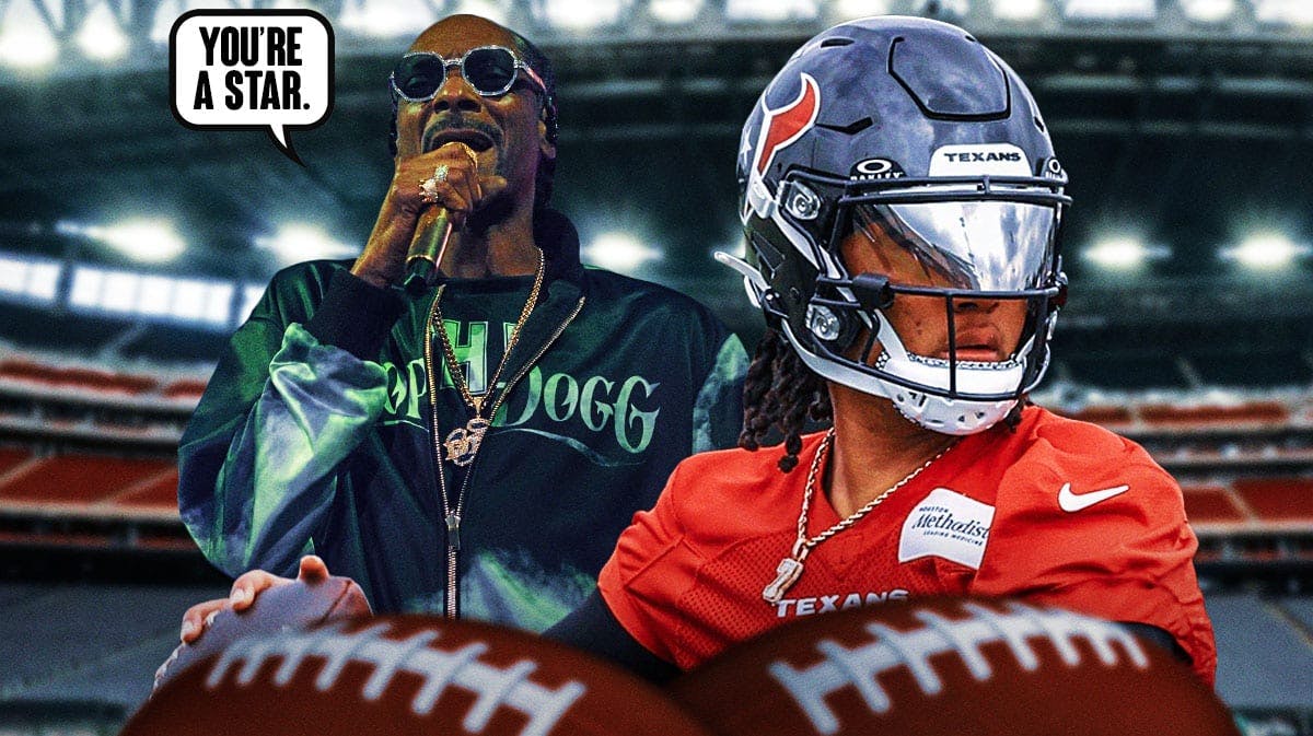 Houston Texans QB C.J. Stroud with rapper Snoop Dogg. Snoop has a speech bubble that says “You’re a star.” There is also a logo for the Houston Texans.
