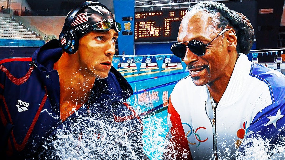 Snoop Dogg in a swimming cap on the left with Michael Phelps in USA Olympic swim gear on the right with a pool in the background.