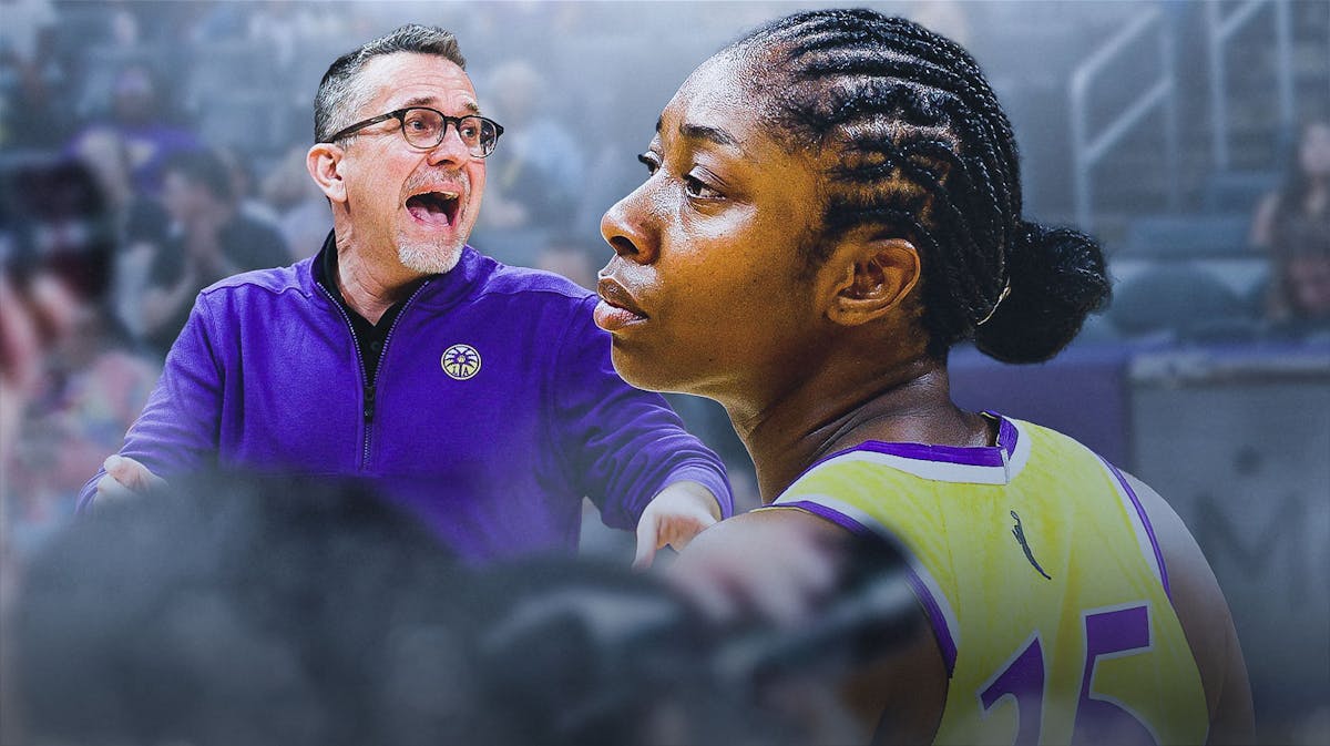 Aari McDonald alongside a current picture of LA Sparks head coach Curt Miller with the Sparks arena in the background