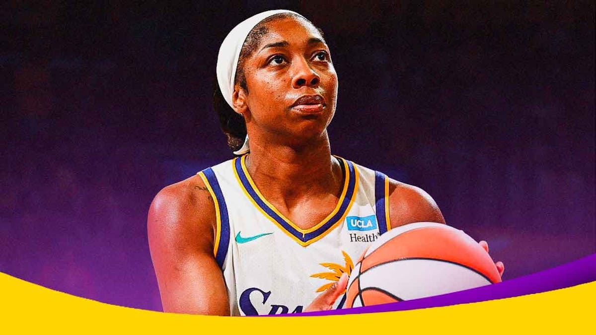 LA Sparks guard Aari McDonald with the LA Sparks arena in the background, WNBA