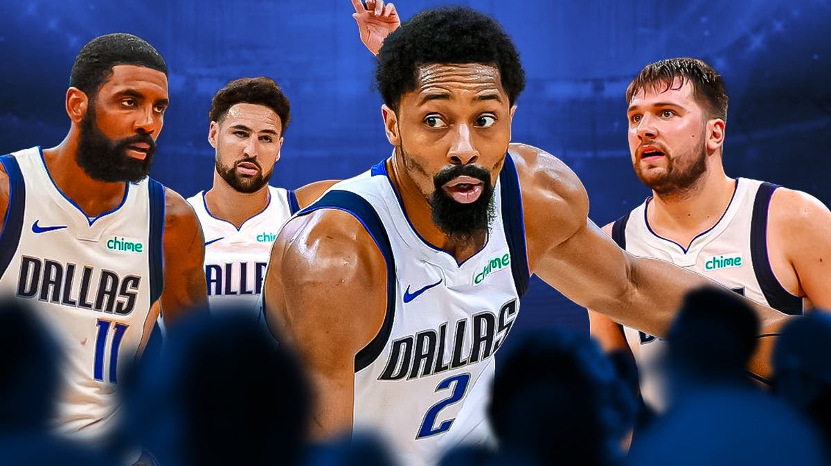 Spencer Dinwiddie in front, Kyrie, Luka and Klay in the background. All wearing Mavericks jerseys.
