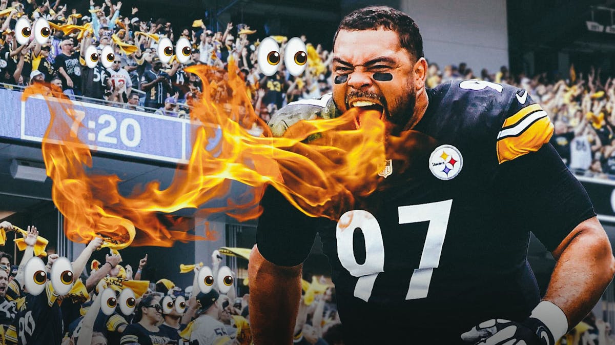 Cam Heyward on one side breathing fire, a bunch of Pittsburgh Steelers fans on the other side with the big eyes emoji over their faces