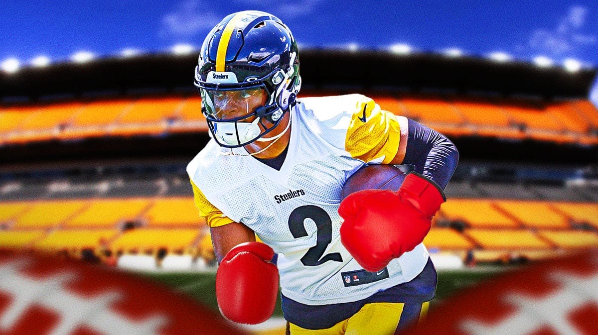 Justin Fields with boxing gloves featuring a Steelers-themed background.