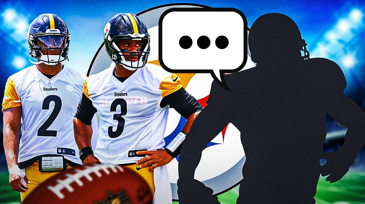 Pittsburgh Steelers QB Justin Fields with QB Russell Wilson and a silhouette of a man with a big question mark emoji inside. The silhouette has a speech bubble that has the three dots emoji inside. There is also a logo for the Pittsburgh Steelers.