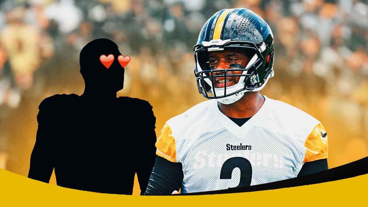 Mystery player with hearty eyes looking at Russell Wilson with a Steelers-colored background.