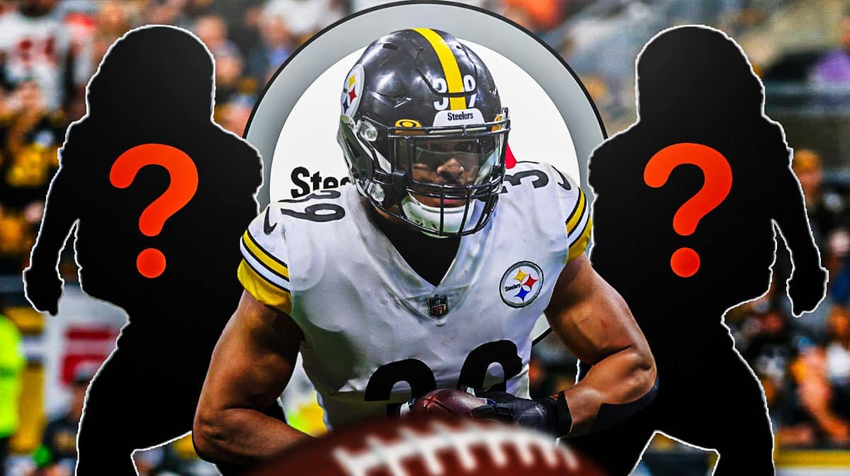 Pittsburgh Steelers safety Minkah Fitzpatrick next to two silhouettes of American football players with big question mark emojis inside. There is also a logo for the Pittsburgh Steelers.