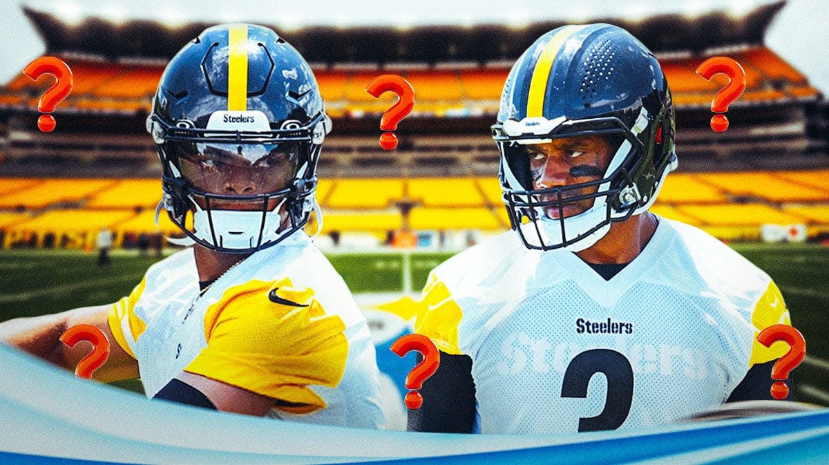 Russell Wilson, Justin Fields with question marks around them featuring a Steelers colored background.