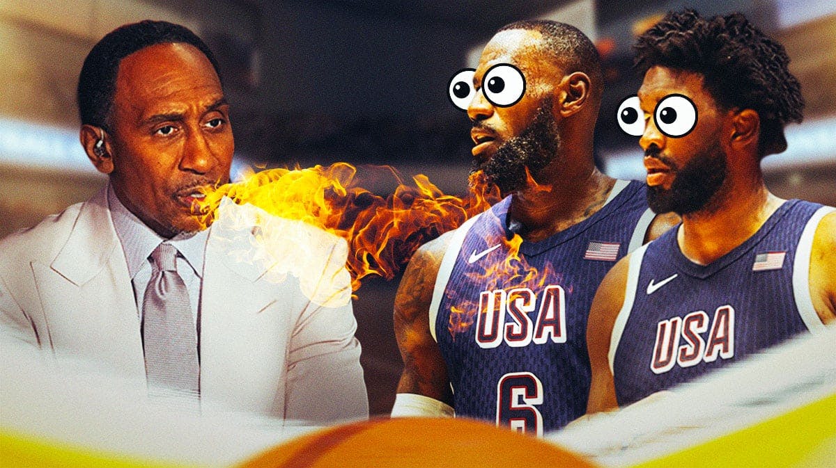 Stephen A. Smith on one side breathing fire, LeBron James and Joel Embiid on the other side in Team USA uniforms with the big eyes emojis over their faces
