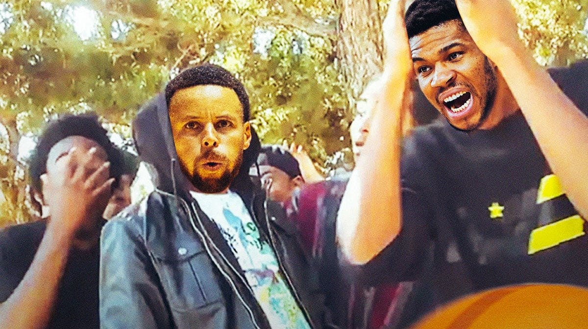 Stephen Curry (Warriors) as the guy in the hoodie and Giannis Antetokounmpo (Bucks) as the guy on right with hands on head