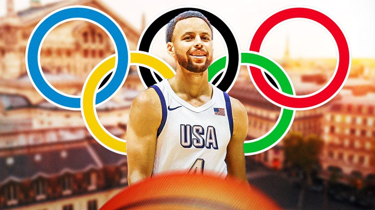 Stephen Curry in front of Olympic rings