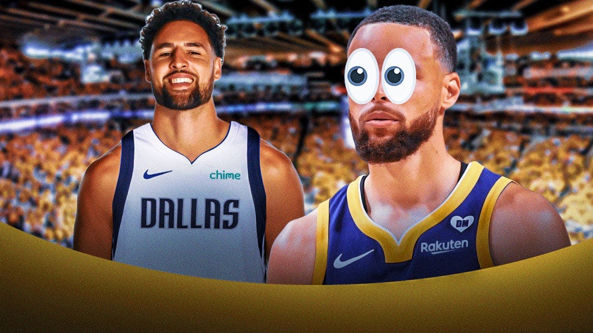 Warriors Stephen Curry with eyes popping out looking at Klay Thompson in a Mavericks jersey.
