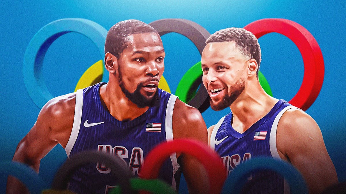Stephen Curry alongside Kevin Durant in their Team USA basketball jerseys with the Olympics logo in the background