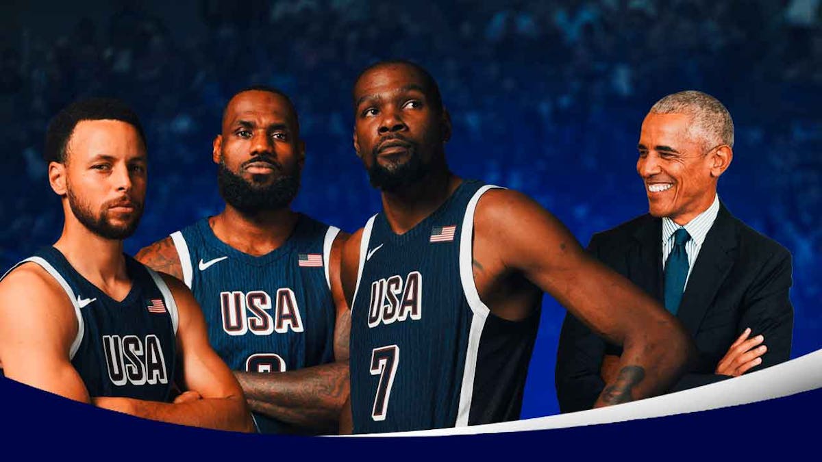 Photo: Barack Obama smiling, Stephen Curry, LeBron James, Kevin Durant in Team USA jerseys