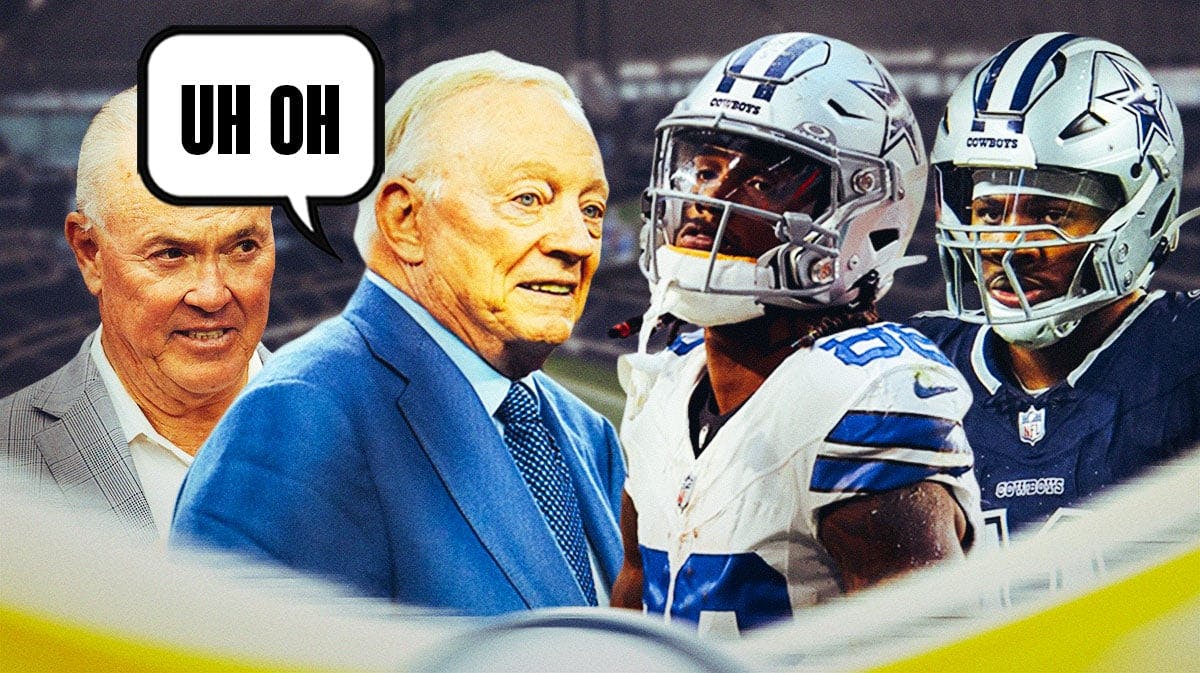 Stephen Jones and Jerry Jones on one side with a speech bubble that says "Uh oh" CeeDee Lamb and Micah Parsons on the other side