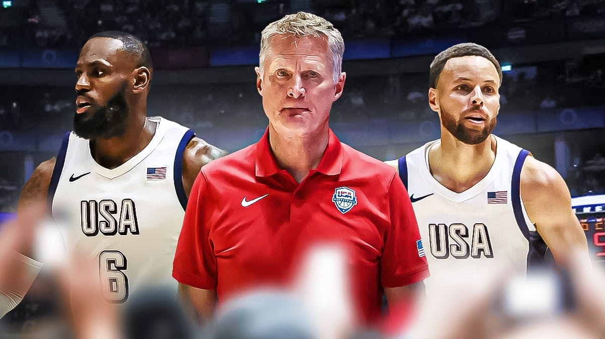 Team USA head coach Steve Kerr next to LeBron James and Stephen Curry, all with their Olympics jerseys on.