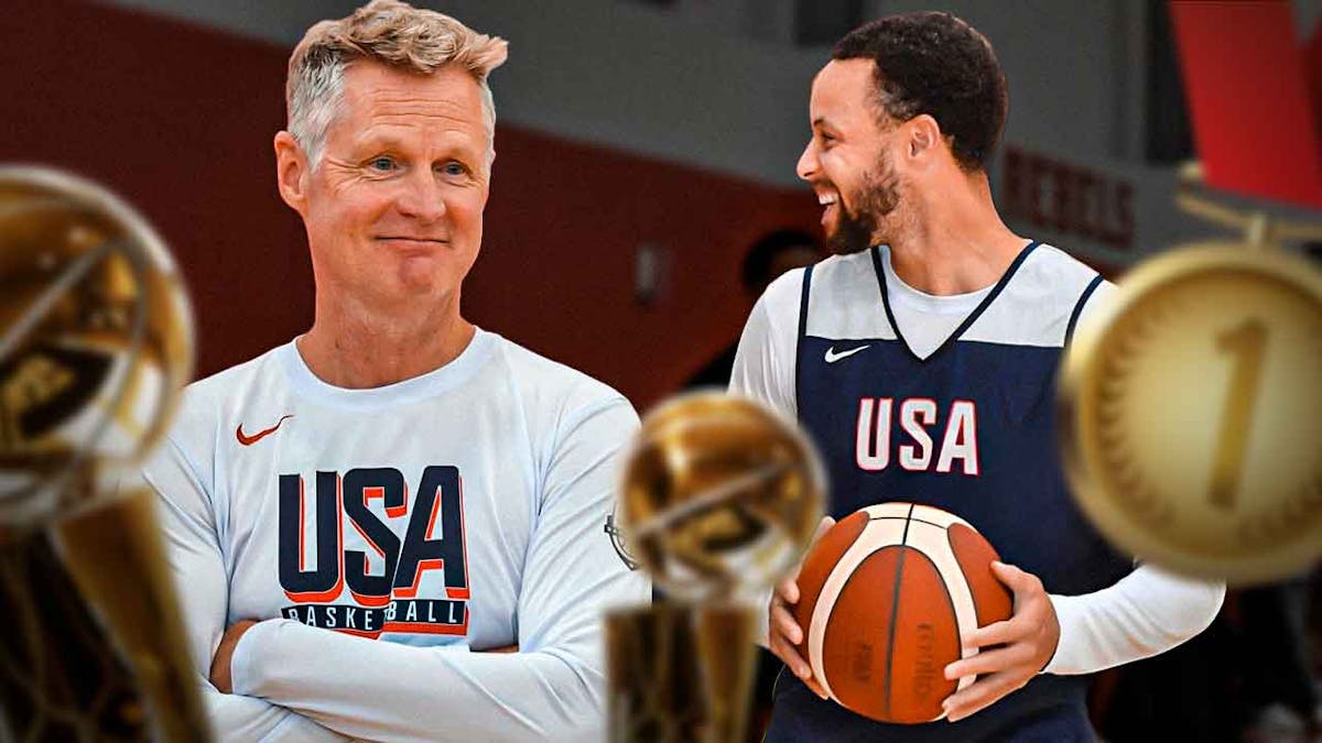 Warriors' Steve Kerr and Stephen Curry smiling (with Curry in Team USA uniform), with gold medal and Larry O'Brien trophy beside them