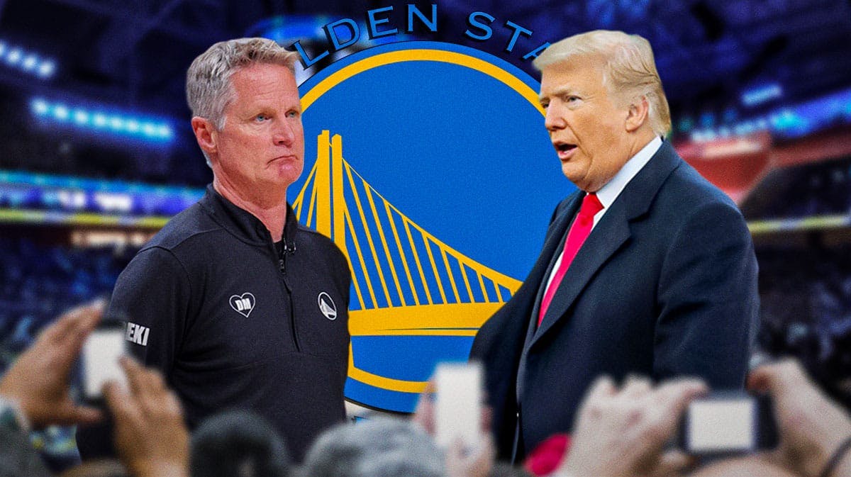 Golden State Warriors head coach Steve Kerr with former President of the United States Donald Trump. There is also a logo for the Golden State Warriors.