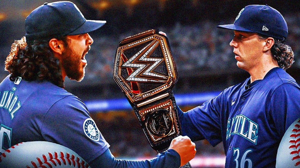 Logan Gilbert giving a WWE belt to Mariners teammate Andres Munoz