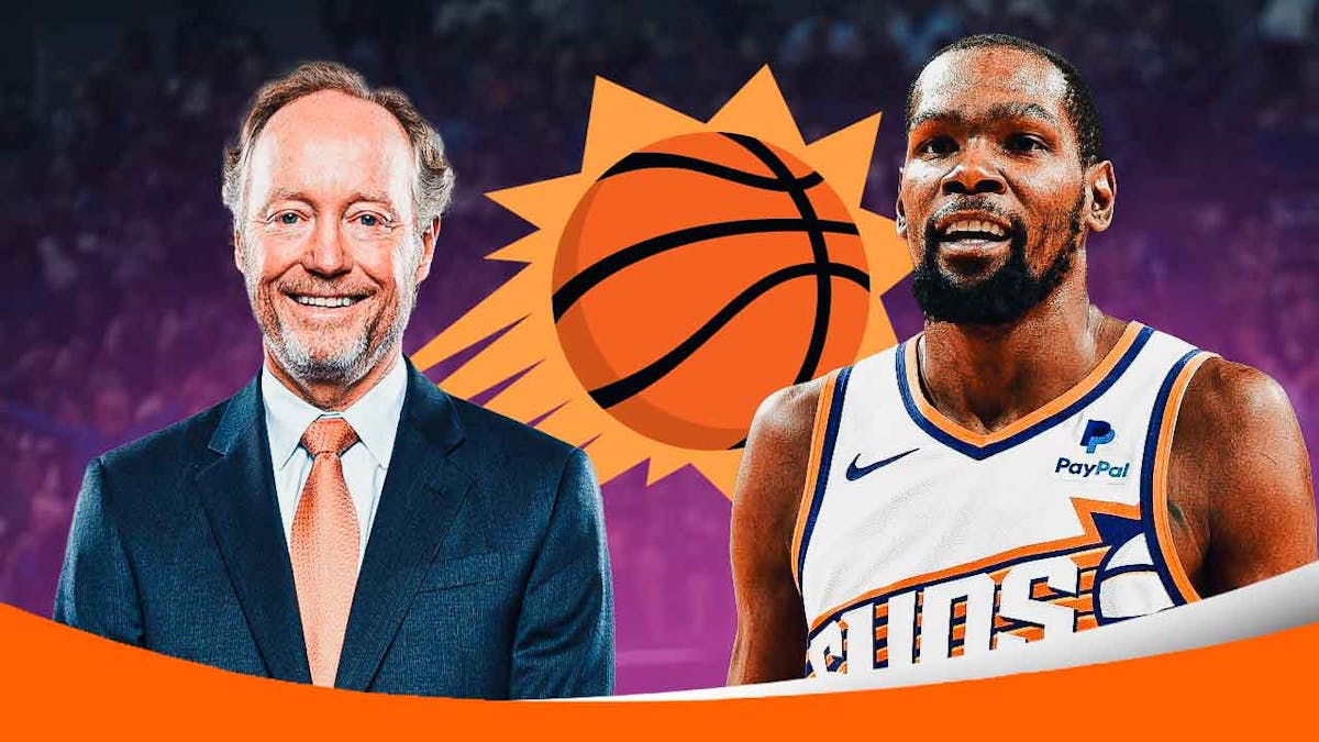Mike Budenholzer and Kevin Durant next to a Suns logo