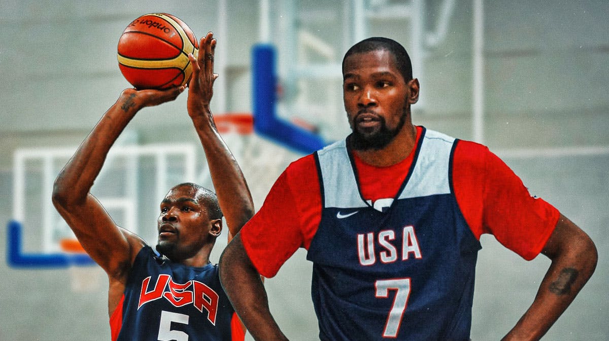Kevin Durant shooting a basketball at the 2012 Olympics. Kevin Durant in front looking serious.