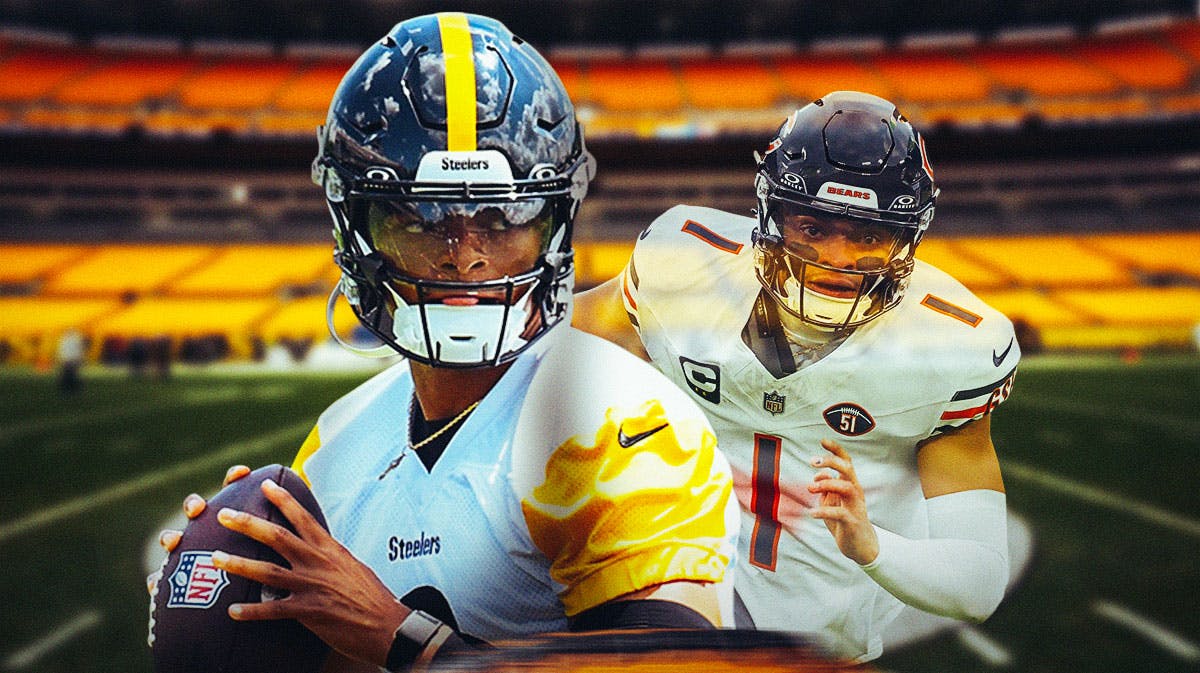 Pittsburgh Steelers quarterback Justin Fields with a shot of him in his Chicago Bears uniform