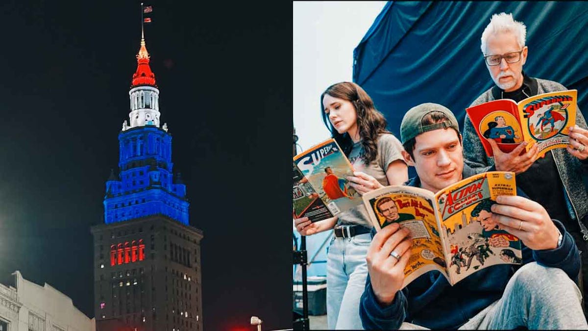 James Gunn Threads photo of Terminal Tower in Superman's colors; Rachel Brosnahan, Gunn and David Corenswet reading comicbooks
