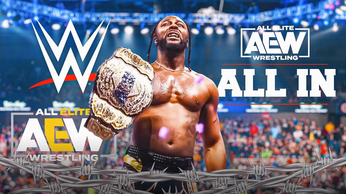 Swerve Strickland holding the AEW Championship with the WWE logo on his left and the AEW logo on his right with the AEW All In logo as the background.
