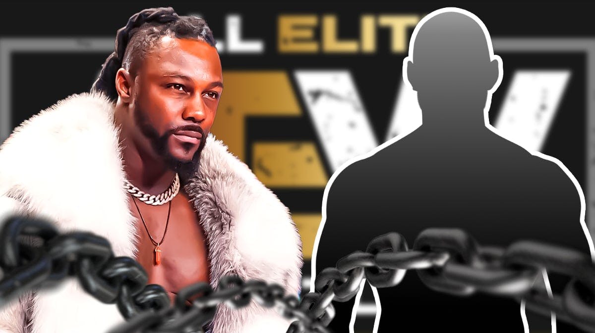 Swerve Strickland next to the blacked-out silhouette of Ricochet with the AEW logo as the background.