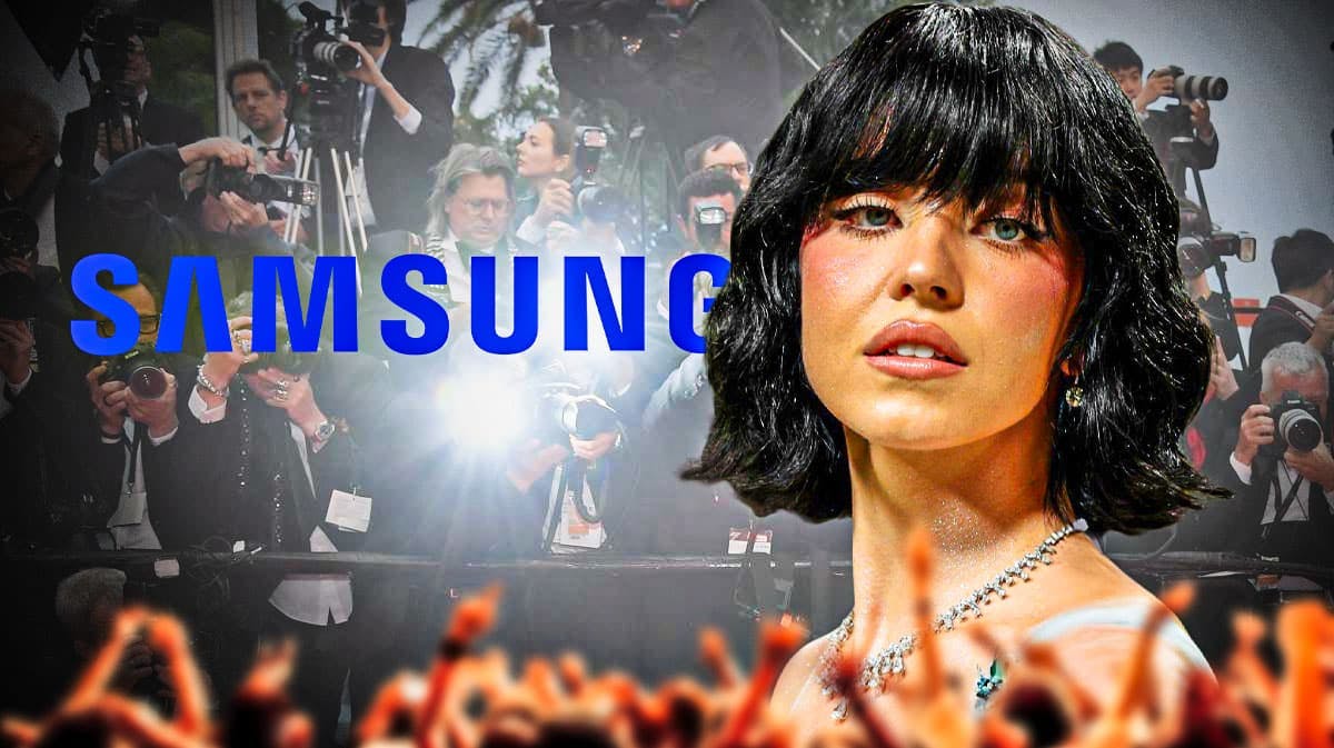Samsung logo and Sydney Sweeney, who appeared at Samsung Unpacked event to react to AI portrait, with paparazzi background.