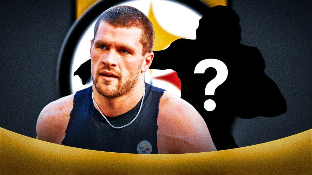 Pittsburgh Steelers edge rusher T.J. Watt next to a silhouette of an American football player with a big question mark emoji inside. There is also a logo for the Pittsburgh Steelers.