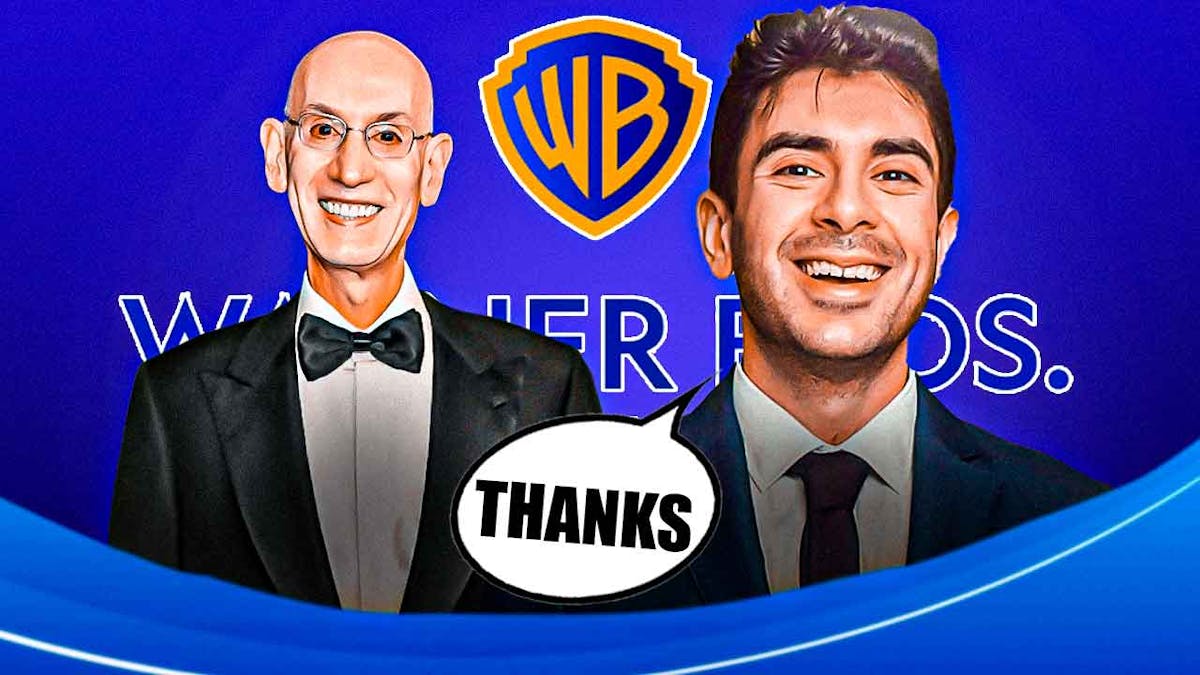 Tony Khan with a text bubble reading "Thanks" next to Adam Silver with the Warner Brothers Discovery logo as the background.