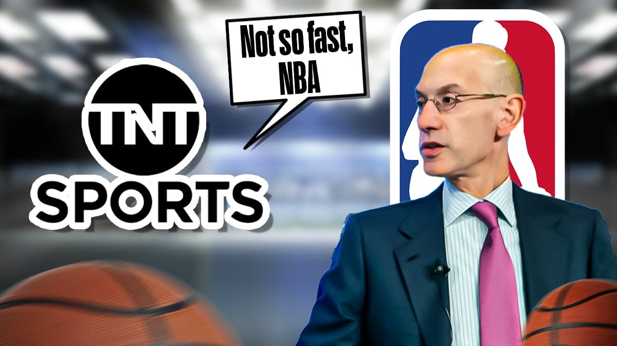 The TNT Sports logo with a text bubble reading "Not so fast, NBA" next to Adam Silver with the NBA logo as the background.