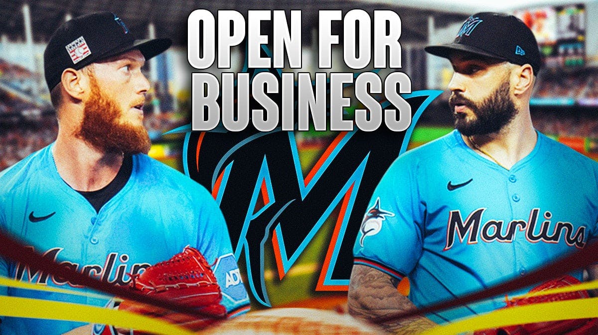 Miami Marlins logo -"open for business" - Marlins players Tanner Scott and AJ Puk