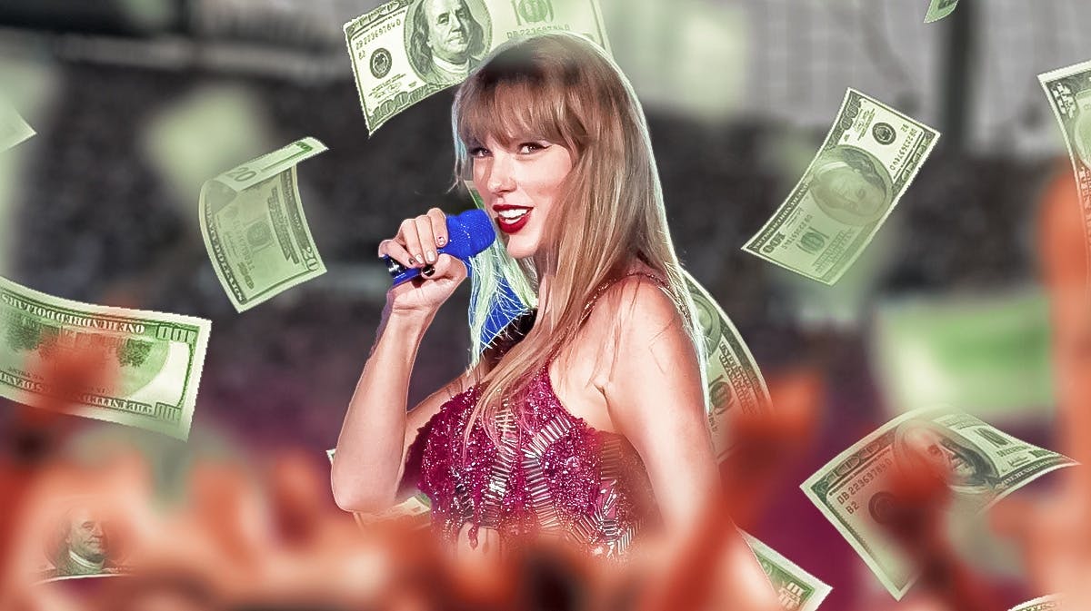 Taylor Swift with the Eras Tour concert crowd background and money all around her.