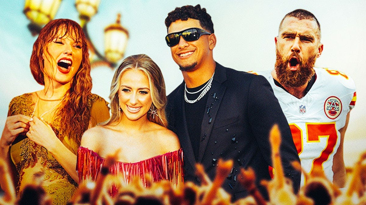 Taylor Swift, Brittany and Patrick Mahomes, and Travis Kelce with London, England background.