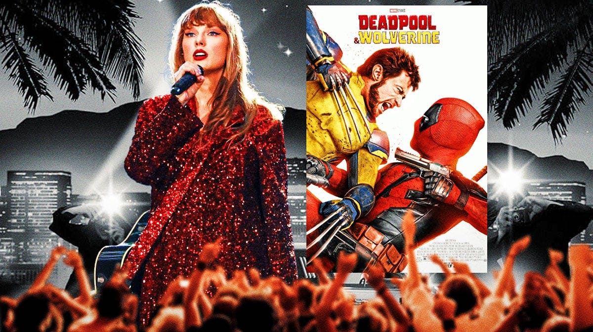 Taylor Swift next to the Deadpool and Wolverine poster.