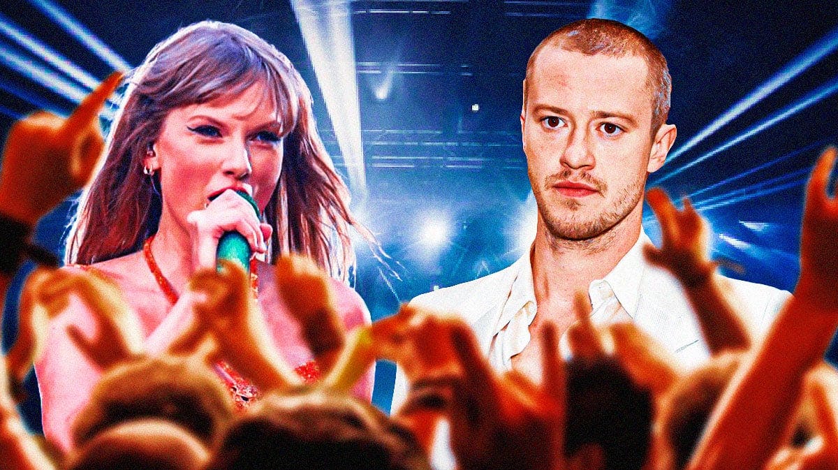 Taylor Swift with Stranger Things star Joseph Quinn with concert crowd background.
